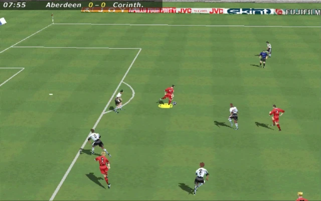FIFA 2000 screenshot: realistic, low-poly, three-quarter, no outlines, soft gradient (environment)