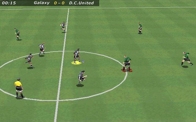 FIFA 2000 screenshot: low-poly, realistic, three-quarter, no outlines, soft gradient (environment)