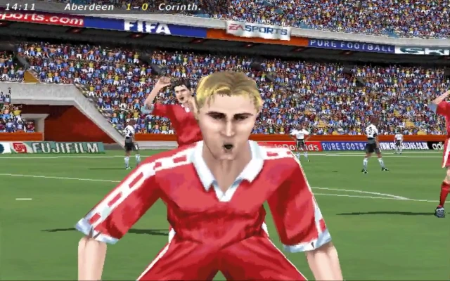 FIFA 2000 screenshot: realistic, low-poly, three-quarter, no outlines, soft gradient (character)