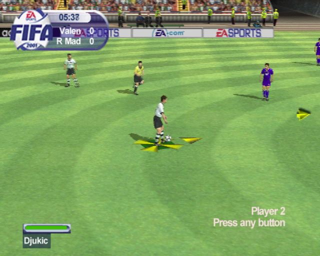 FIFA 2001 screenshot: realistic, three-quarter, third-person, no outlines, soft gradient (environment)