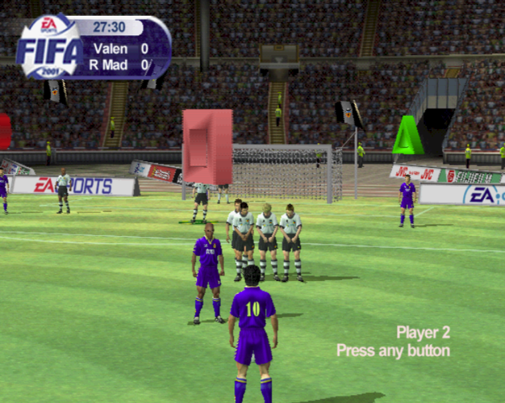 FIFA 2001 screenshot: realistic, three-quarter, third-person, no outlines, soft gradient (environment, character)