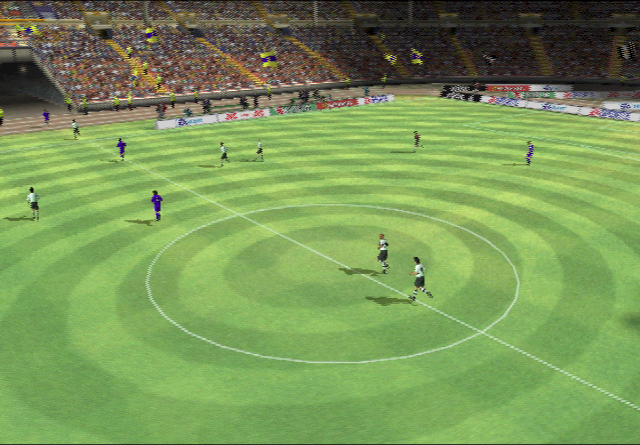 [FIFA 2001](https://en.wikipedia.org/wiki/FIFA_2001) screenshot: realistic, three-quarter, third-person, no outlines, soft gradient (environment)