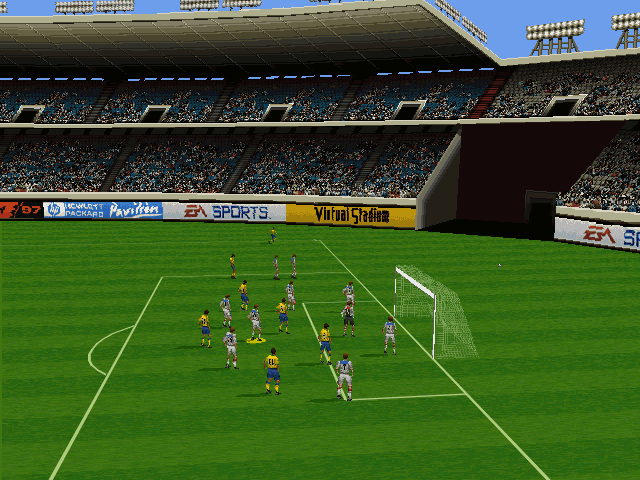 FIFA 97 screenshot: low-poly, three-quarter, no outlines (environment)