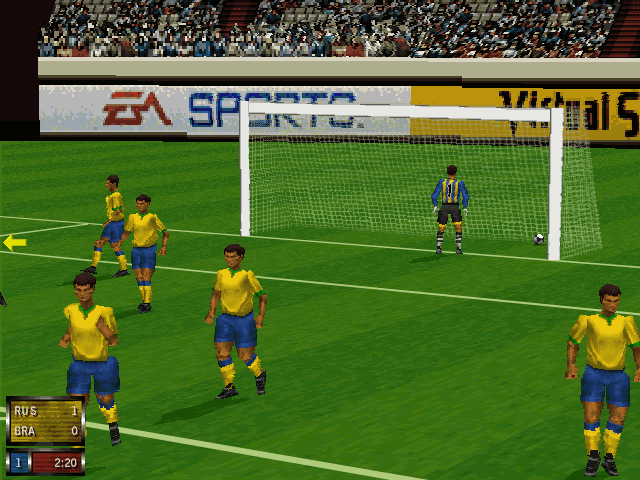 FIFA 97 screenshot: low-poly, three-quarter, no outlines (environment, character)