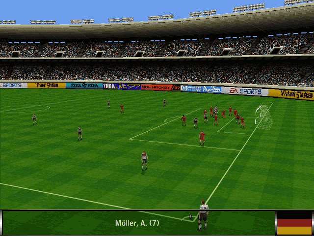FIFA 97 screenshot: low-poly, three-quarter, no outlines (environment)