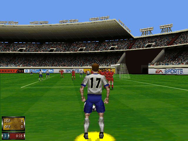 [FIFA 97](https://en.wikipedia.org/wiki/FIFA_97) screenshot: low-poly, three-quarter, third-person, no outlines (environment, character)