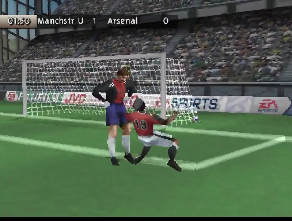 FIFA 99 screenshot: low-poly, three-quarter, no outlines (character, combat)