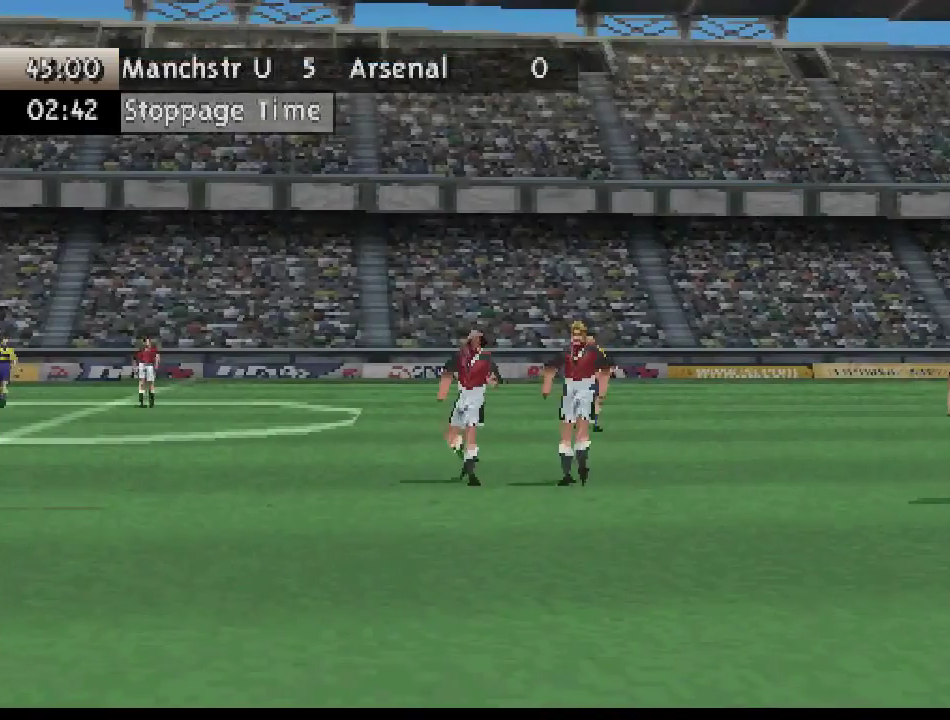 [FIFA 99](https://en.wikipedia.org/wiki/FIFA_99) screenshot: low-poly, three-quarter, no outlines (environment, character)