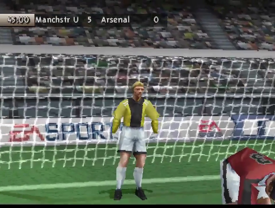 [FIFA 99](https://en.wikipedia.org/wiki/FIFA_99) screenshot: low-poly, three-quarter, no outlines (character)