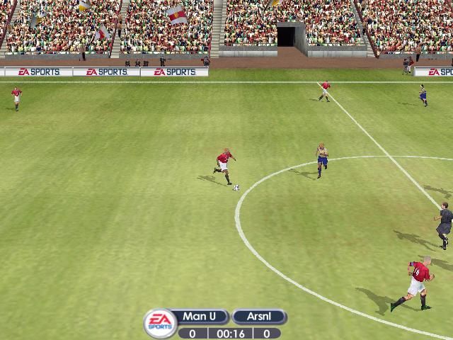 FIFA Football 2002 screenshot: realistic, three-quarter, no outlines, soft gradient (environment, combat)