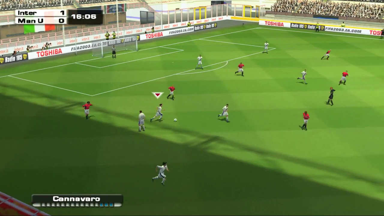 FIFA Football 2003 screenshot: realistic, three-quarter, no outlines, soft gradient (environment, combat)