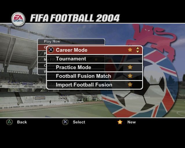 FIFA Football 2004 screenshot: realistic, three-quarter, no outlines, soft gradient (ui / menu)