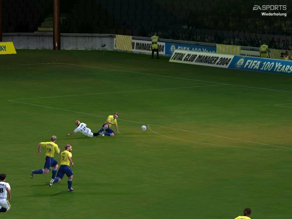 FIFA Football 2004 screenshot: realistic, three-quarter, no outlines, soft gradient (environment, combat)