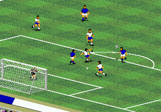 FIFA International Soccer screenshot: pixel art, isometric, dithered shading (environment, combat)