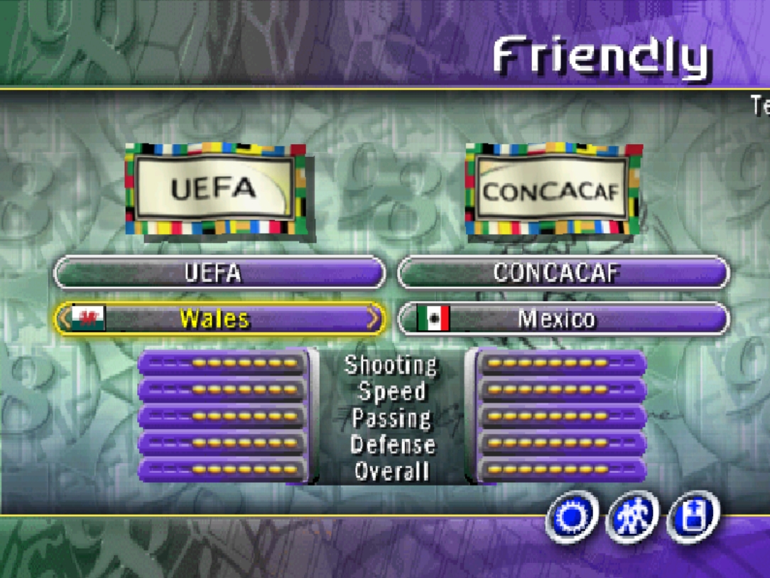 [FIFA: Road to World Cup 98](https://en.wikipedia.org/wiki/FIFA:_Road_to_World_Cup_98) screenshot: low-poly, three-quarter, no outlines (ui / menu)