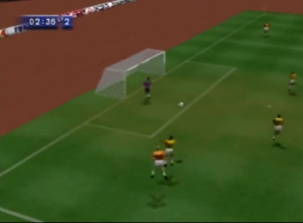 FIFA Soccer 64 screenshot: low-poly, three-quarter, no outlines (environment, combat)
