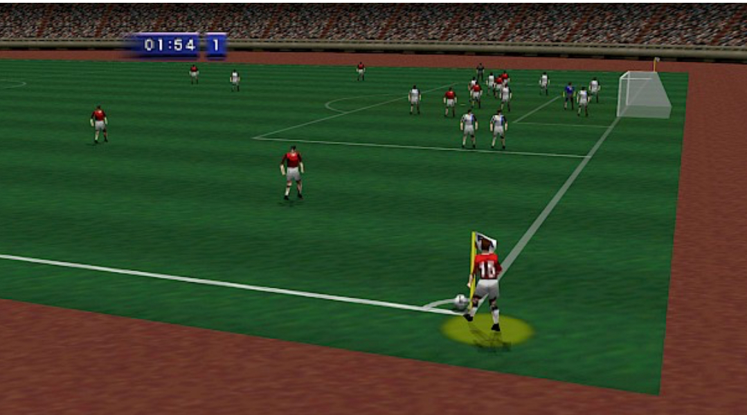 FIFA Soccer 64 screenshot: low-poly, three-quarter, no outlines (environment, combat)