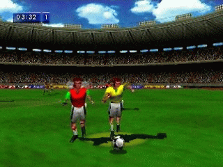 FIFA Soccer 64 screenshot: low-poly, three-quarter, no outlines (environment, character, combat)