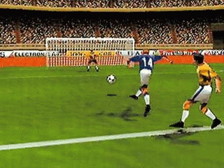 FIFA Soccer 64 screenshot: low-poly, three-quarter, no outlines (environment, character, combat)