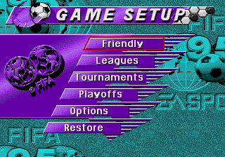 FIFA Soccer 95 screenshot: pixel art, isometric, dithered shading (ui / menu)