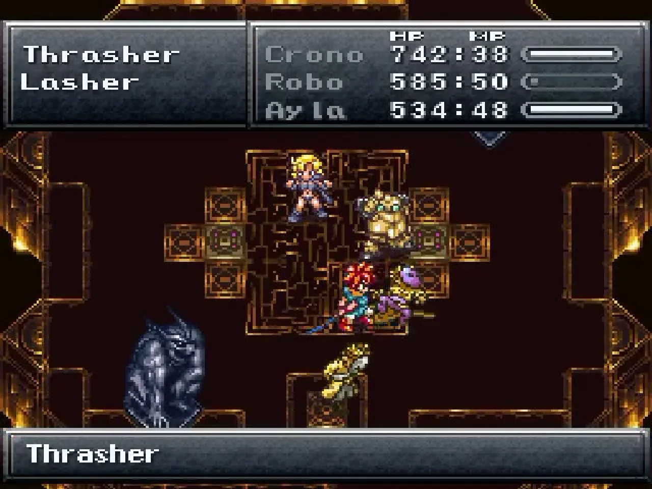 Final Fantasy Chronicles screenshot: pixel art, hand-drawn, digitized / fmv, three-quarter, colored outlines, baked lighting (combat)