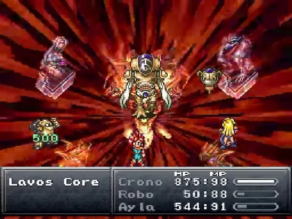Final Fantasy Chronicles screenshot: pixel art, hand-drawn, digitized / fmv, three-quarter, colored outlines, baked lighting (combat)