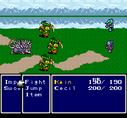 Final Fantasy IV screenshot: pixel art, three-quarter, fixed camera, black outlines, dithered shading (combat)
