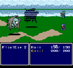 Final Fantasy IV screenshot: pixel art, three-quarter, fixed camera, black outlines, dithered shading (combat)