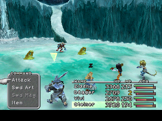 FINAL FANTASY IX screenshot: pre-rendered, low-poly, fixed camera, third-person, no outlines, baked lighting (environment, combat)
