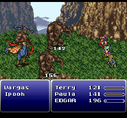 FINAL FANTASY VI screenshot: pixel art, fixed camera, black outlines, dithered shading (environment, combat)