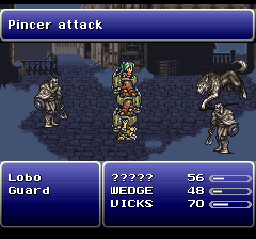 FINAL FANTASY VI screenshot: pixel art, fixed camera, black outlines, dithered shading (environment, combat)
