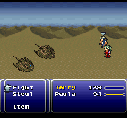 FINAL FANTASY VI screenshot: pixel art, fixed camera, black outlines, dithered shading (environment, combat)