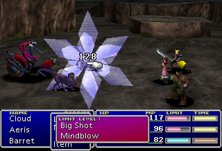FINAL FANTASY VII screenshot: low-poly, pre-rendered, fixed camera, no outlines (environment, character, combat)