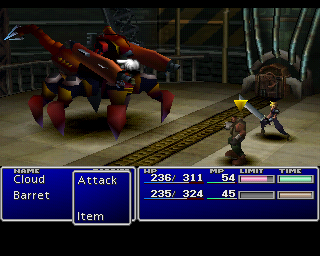 FINAL FANTASY VII screenshot: low-poly, pre-rendered, fixed camera, no outlines (environment, character, combat)