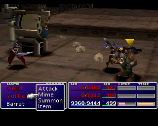 FINAL FANTASY VII screenshot: low-poly, pre-rendered, fixed camera, no outlines (environment, character, combat)