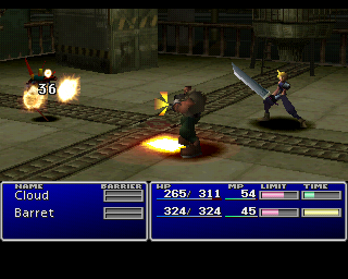 FINAL FANTASY VII screenshot: low-poly, pre-rendered, fixed camera, no outlines (environment, character, combat)