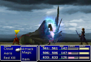 FINAL FANTASY VII screenshot: low-poly, pre-rendered, fixed camera, no outlines (environment, character, combat)