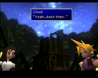 FINAL FANTASY VII screenshot: low-poly, pre-rendered, fixed camera, no outlines (character, environment, cutscene)