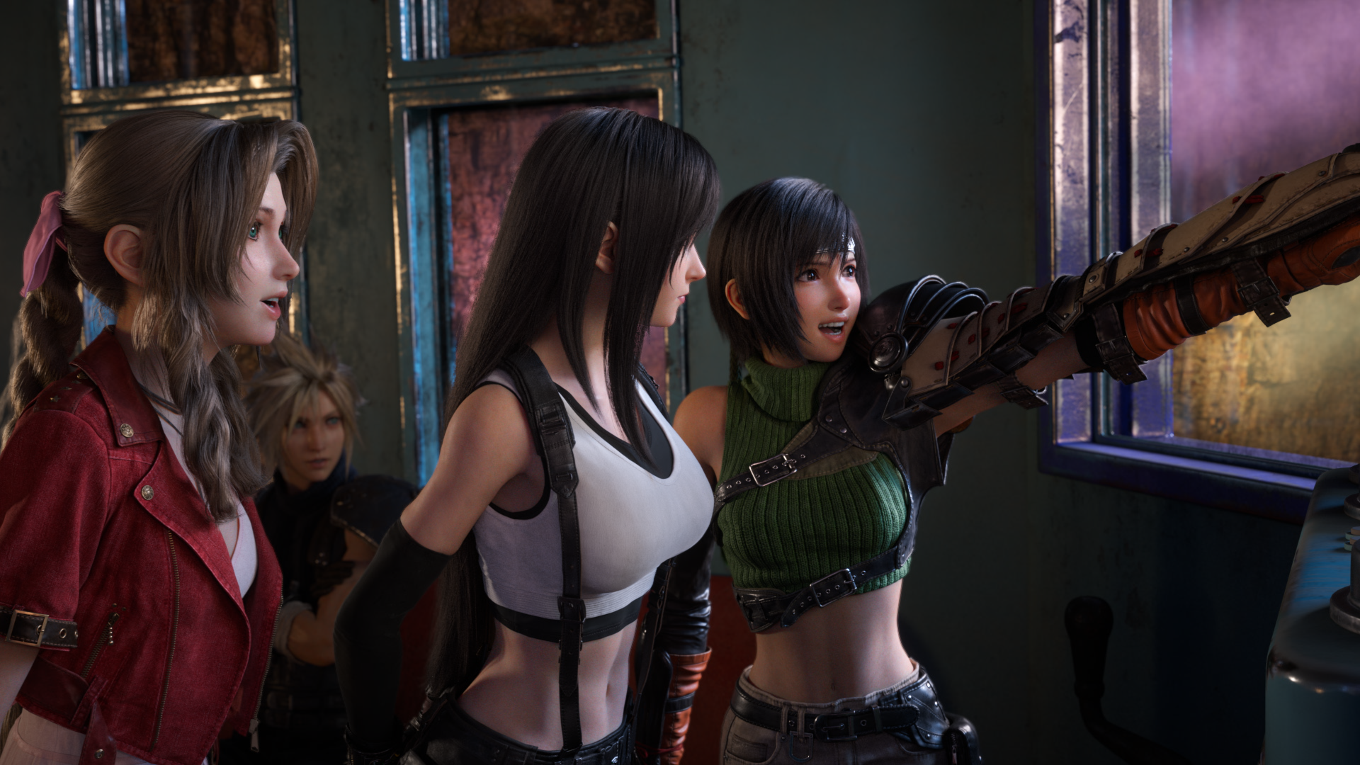 FINAL FANTASY VII REBIRTH screenshot: realistic, low-poly, third-person, no outlines, realistic lighting (character, cutscene)