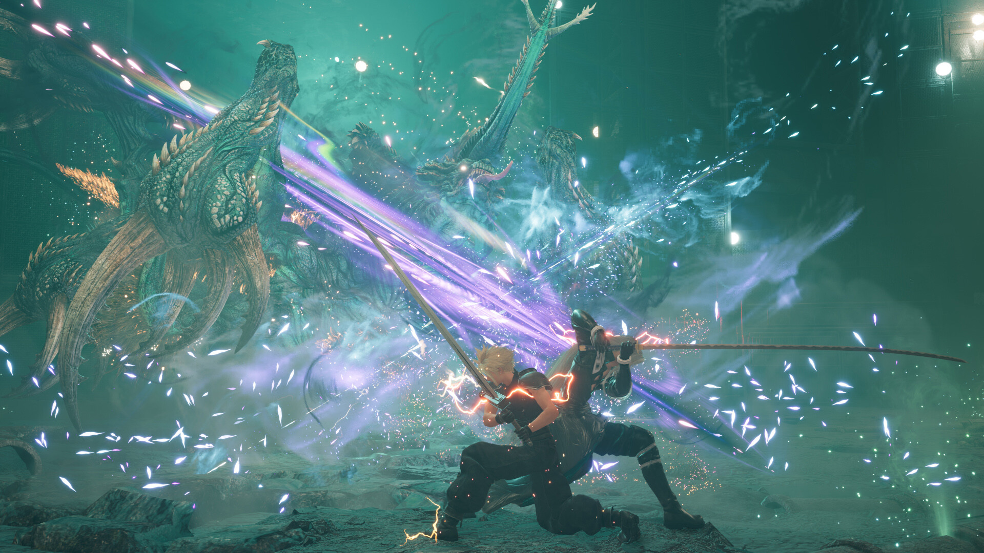 FINAL FANTASY VII REBIRTH screenshot: realistic, low-poly, third-person, no outlines, realistic lighting (environment, character, combat)