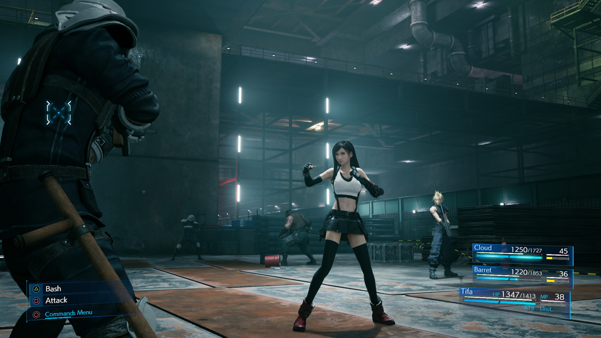 FINAL FANTASY VII REMAKE screenshot: realistic, third-person, no outlines, realistic lighting (environment, character, combat)