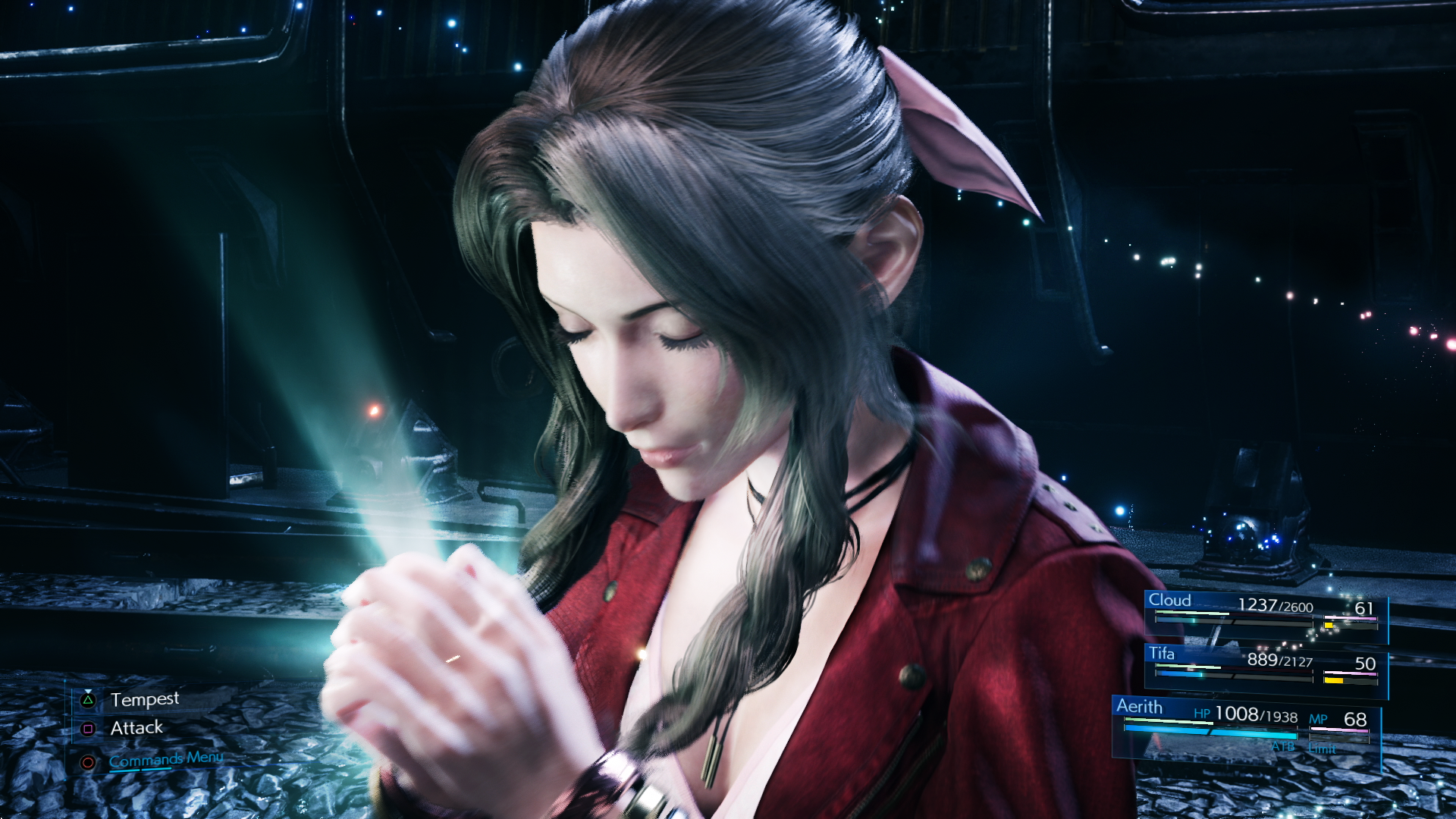 FINAL FANTASY VII REMAKE screenshot: realistic, third-person, no outlines, realistic lighting (character, combat)