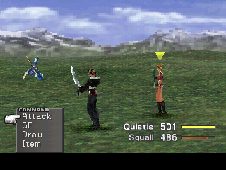 FINAL FANTASY VIII screenshot: low-poly, pre-rendered, fixed camera, third-person, no outlines, baked lighting (environment, character, combat)