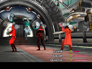 FINAL FANTASY VIII screenshot: low-poly, pre-rendered, fixed camera, third-person, no outlines, baked lighting (environment, character, combat)