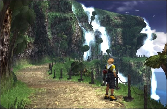 Final Fantasy X screenshot: realistic, pre-rendered, third-person, fixed camera, no outlines, soft gradient (environment)