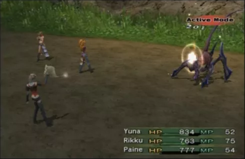FINAL FANTASY X-2 screenshot: stylized 3d, third-person, no outlines, soft gradient (environment, combat)