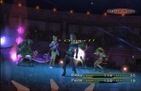 FINAL FANTASY X-2 screenshot: stylized 3d, third-person, no outlines, soft gradient (environment, combat)