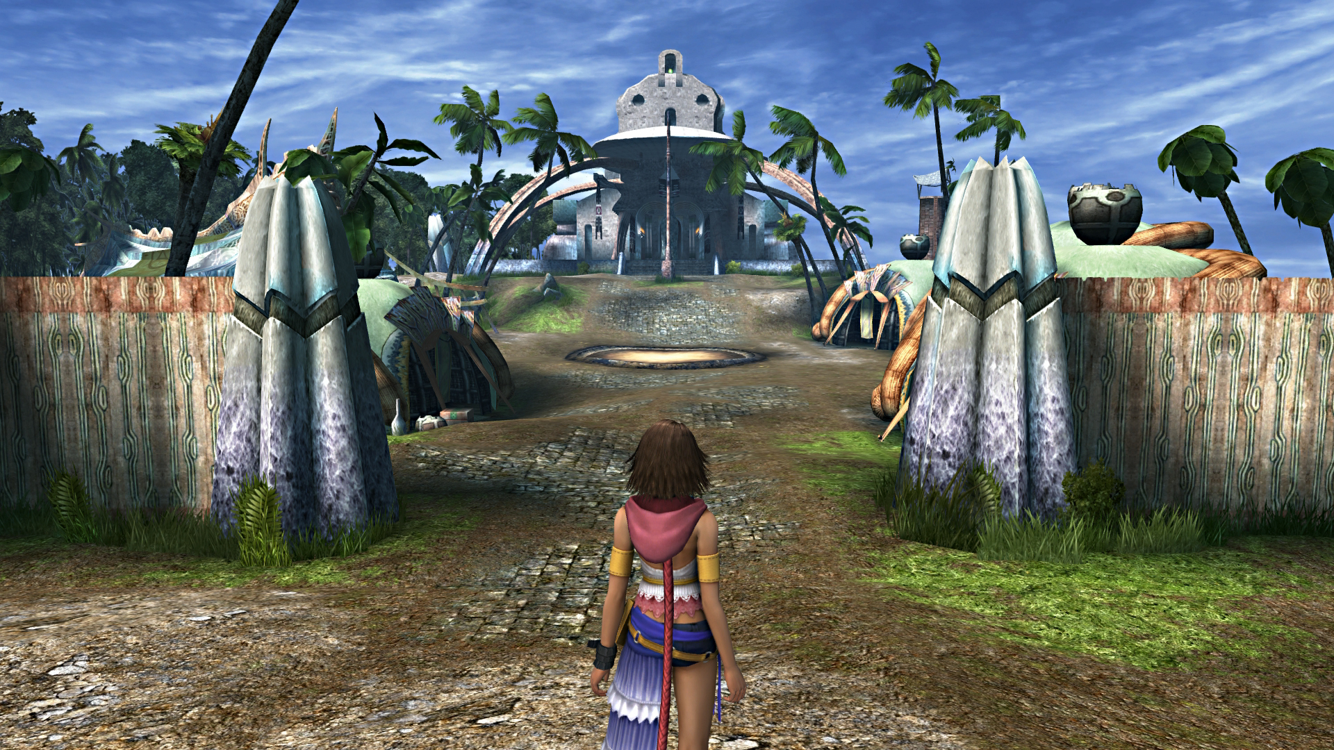 FINAL FANTASY X-2 screenshot: stylized 3d, third-person, no outlines, soft gradient (environment, character)