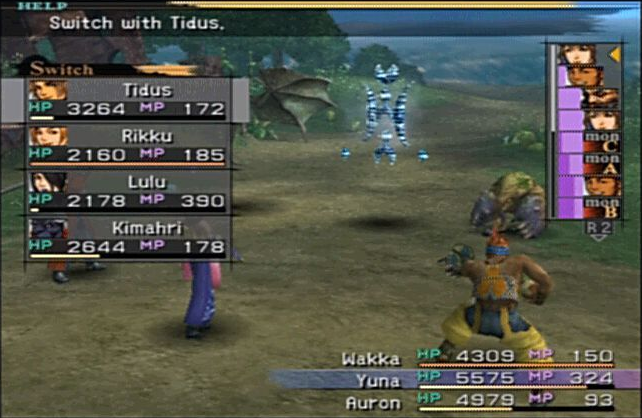 Final Fantasy X screenshot: realistic, pre-rendered, third-person, fixed camera, no outlines, soft gradient (combat, environment, ui / menu)