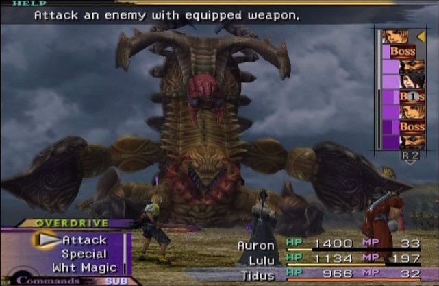 Final Fantasy X screenshot: realistic, pre-rendered, third-person, fixed camera, no outlines, soft gradient (combat, character, environment)
